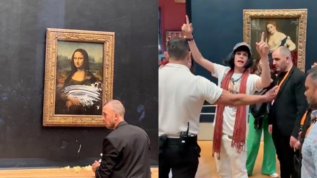 Un hombre disfrazado de anciana en silla de ruedas arroja una tarta a la Mona Lisa