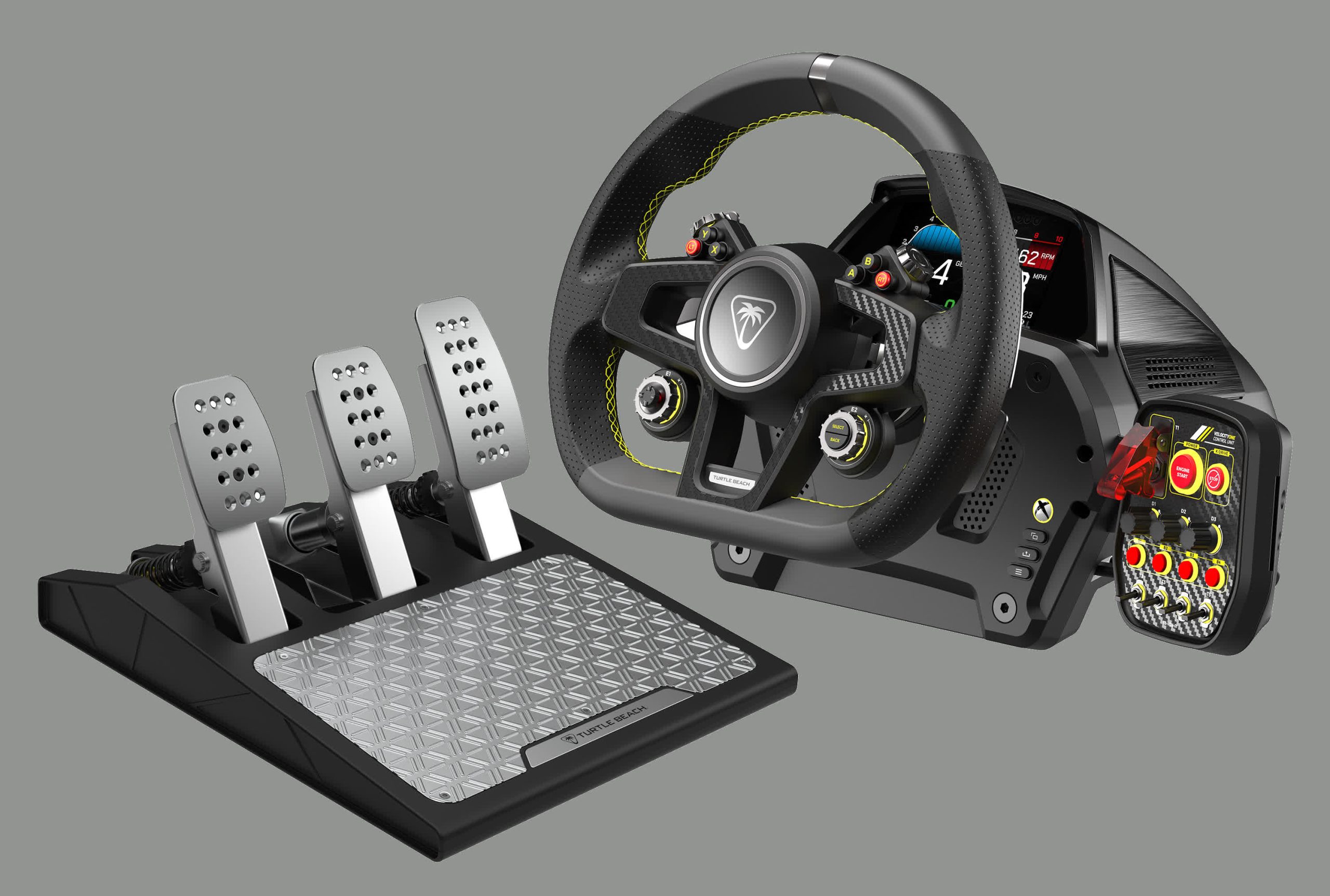 El nuevo kit de pedales y volante de carreras de Turtle Beach incluye un tablero digital y retroalimentación de fuerza de conducción directa