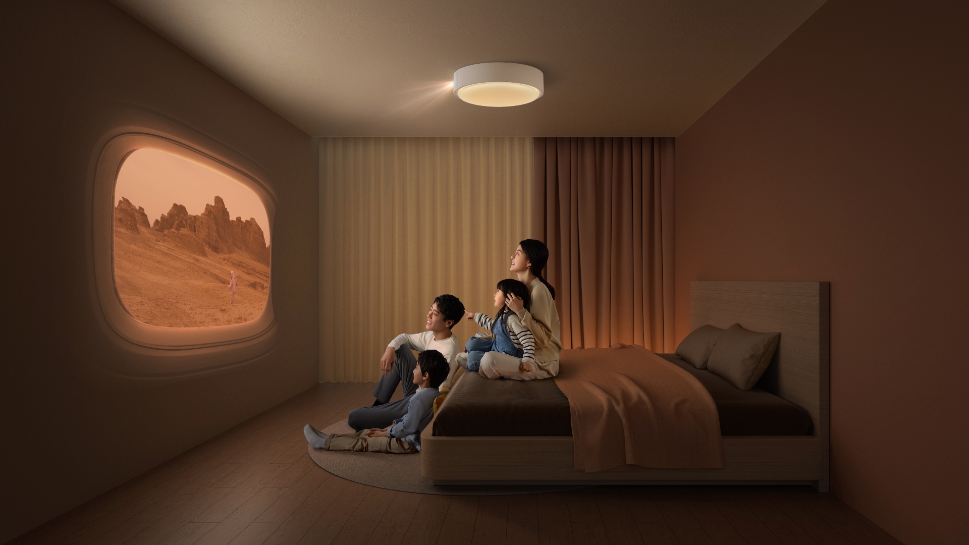 Esta lámpara de techo se triplica como proyector de películas y altavoz inteligente.