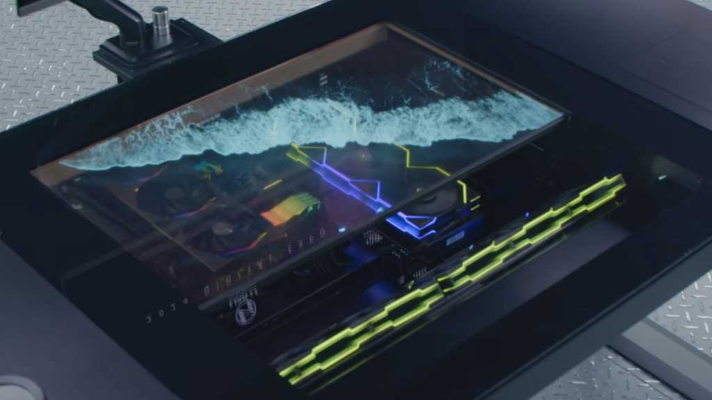 El radical escritorio para PC de Lian Li tiene una pantalla OLED transparente de 30″ en la parte superior