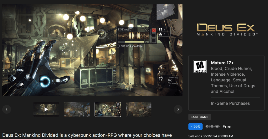 El clásico Cyberpunk Deus Ex: Mankind Divided es gratis en Epic ahora mismo