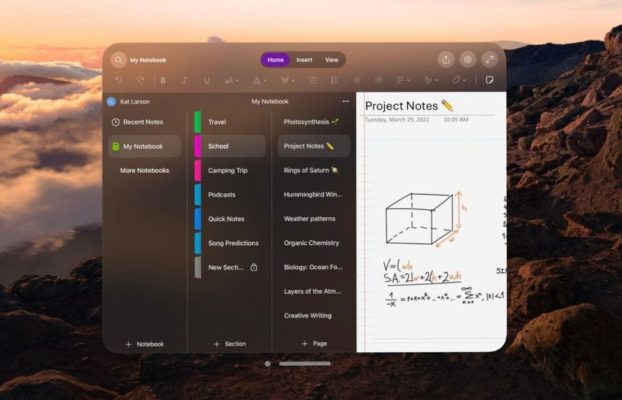 Aplicación Microsoft OneNote para Apple Vision Pro con toma de notas manos libres y soporte para teclado virtual lanzado