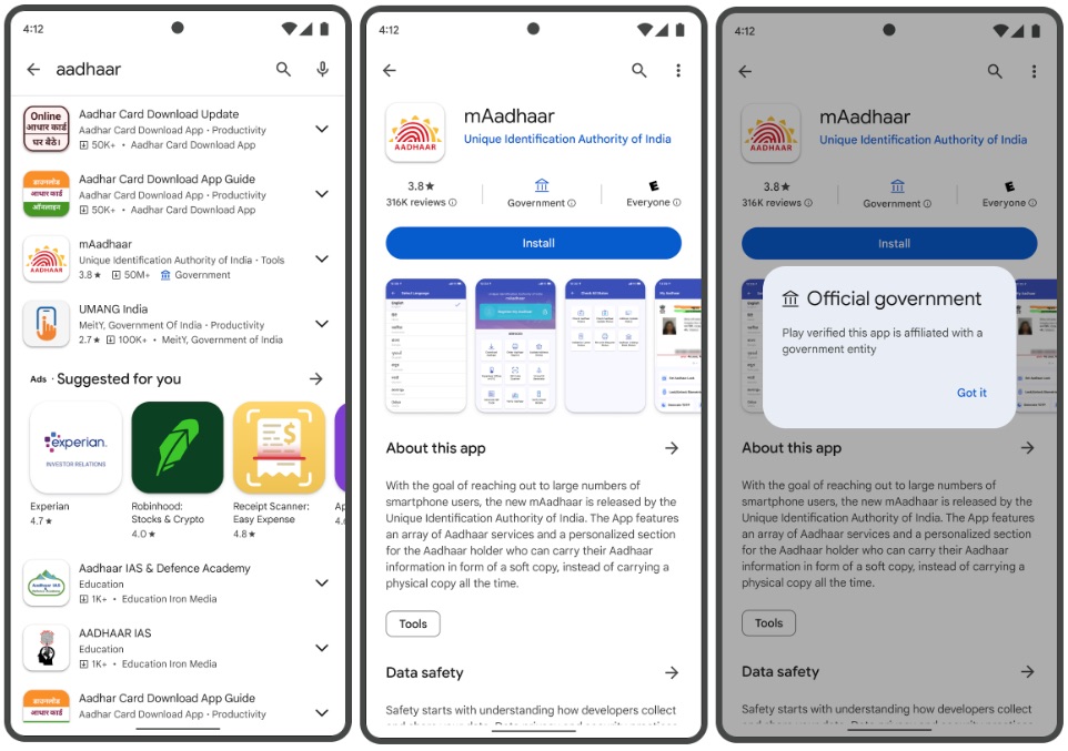 Google ahora mostrará etiquetas en Play Store para indicar aplicaciones gubernamentales oficiales