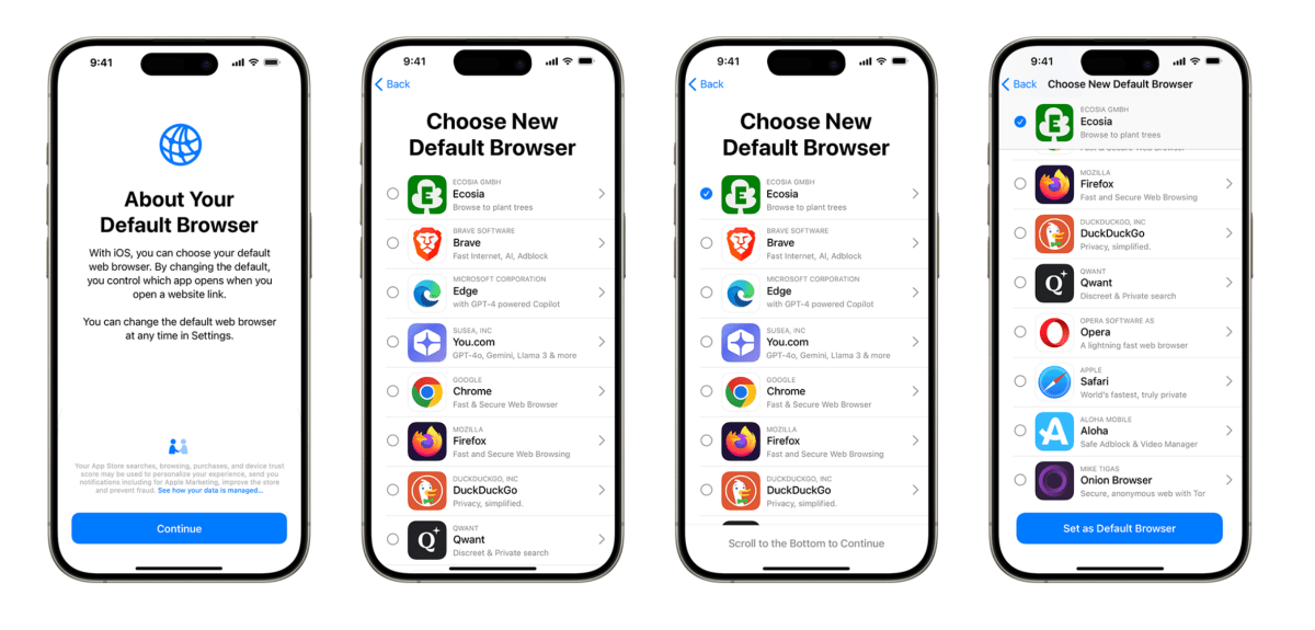 Bajo investigación de DMA, Apple modifica el diseño de las pantallas de selección de navegadores de la UE y amplía la configuración predeterminada de las aplicaciones