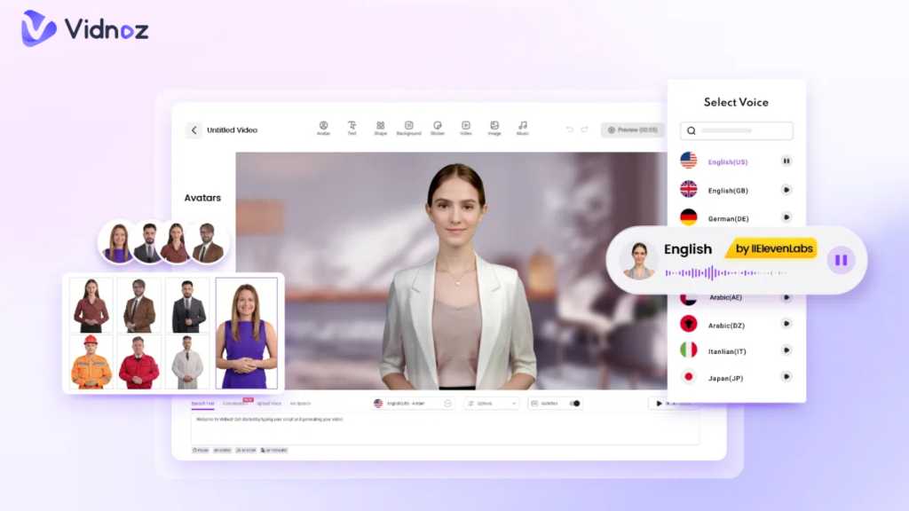 Cree vídeos profesionales, completos con presentadores, usando Vidnoz AI