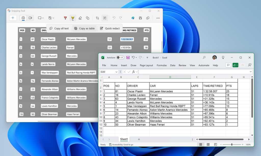 La herramienta de recorte de Windows 11 se vuelve inteligente al copiar datos de tablas