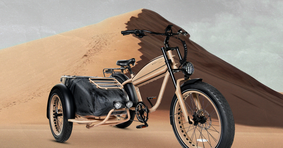 Combinación original de bicicleta eléctrica y sidecar inspirada en un BMW antiguo con camuflaje del desierto