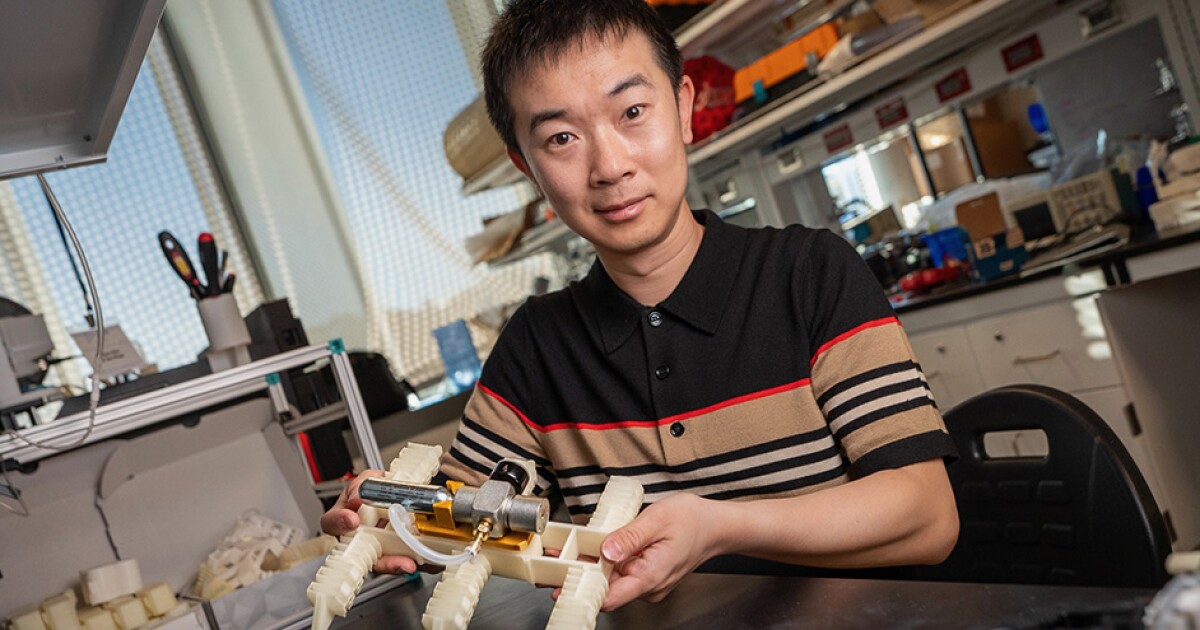 El robot Hexapod con motor aéreo está impreso en 3D en una pieza suave y blanda