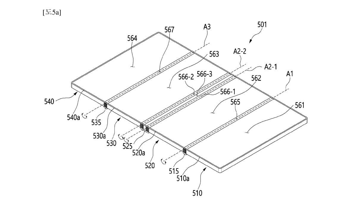 La solicitud de patente de Samsung describe el teléfono con cuatro paneles plegables, tres bisagras