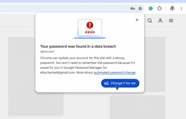 La función de vista previas de Google Chrome para cambiar instantáneamente las contraseñas comprometidas