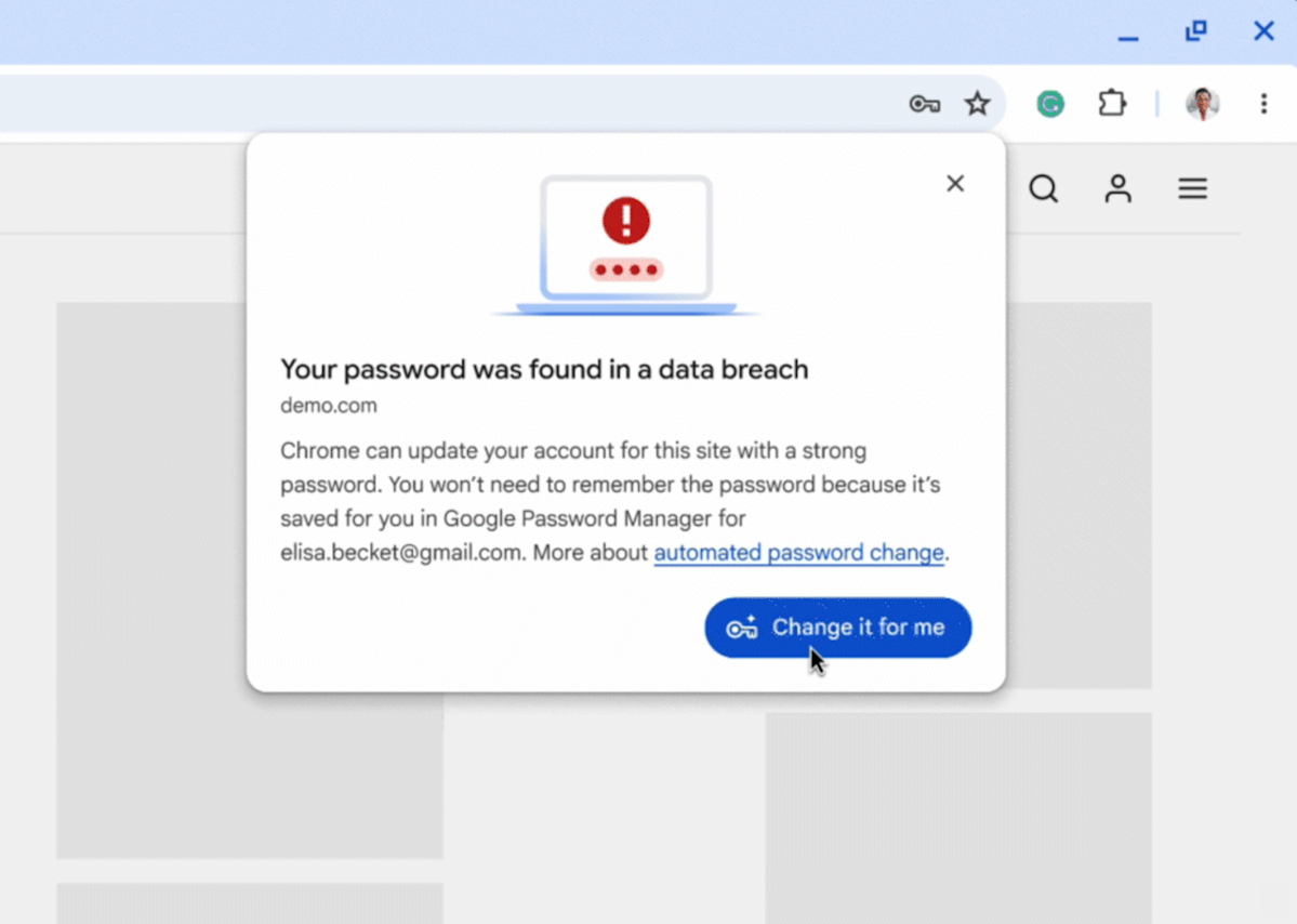 La función de vista previas de Google Chrome para cambiar instantáneamente las contraseñas comprometidas